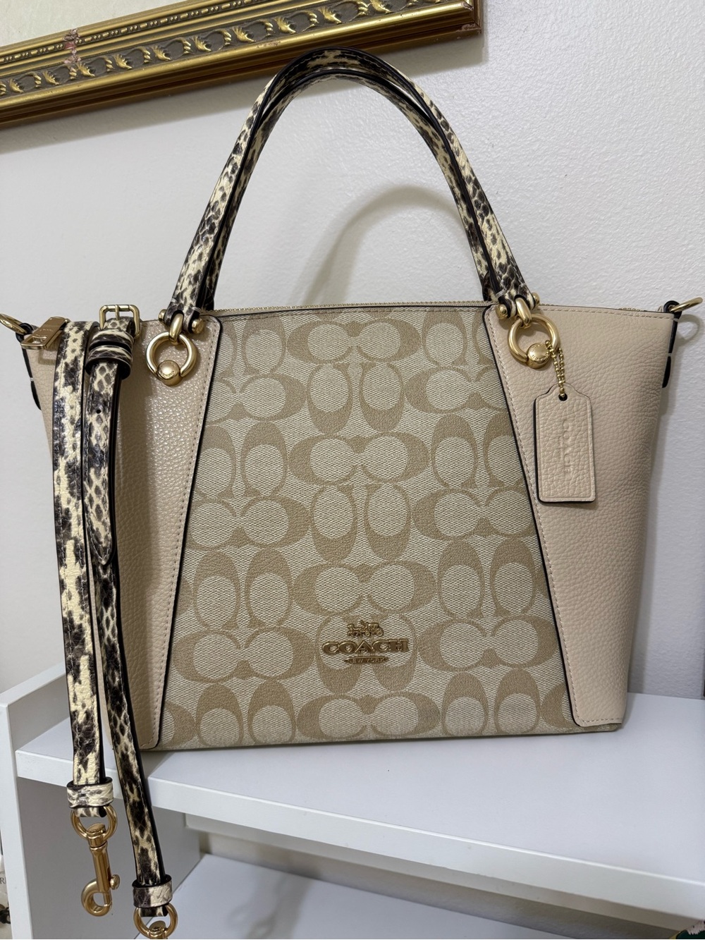 Coach Beige Signature Satchel with Snake-Print Accents